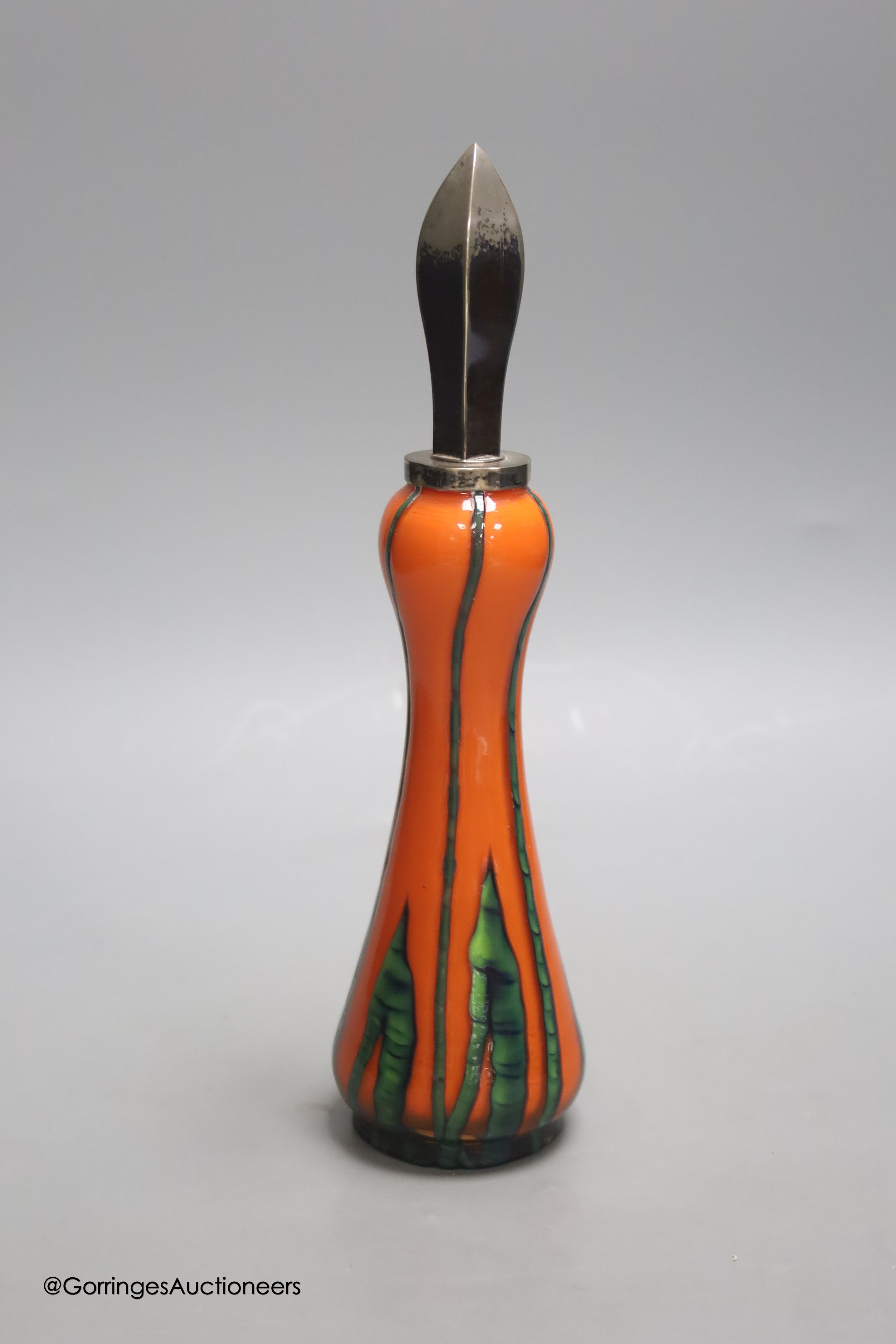 A stylish Art glass scent bottle, with plated stopper, height 37cm overall